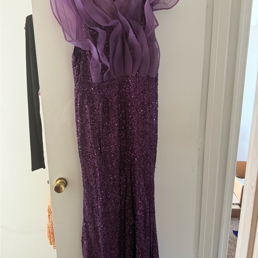 Purple Sequin Dramatic Shoulders Evening Formal Prom Dress